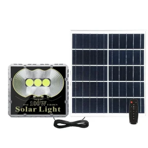 REFLECTOR SOLAR LED 100W / BATERIA DE LITIO /1100 Lm / IP 65 /80m3/  T.C. 5H / T.D. 12 H / PROTECCION CONTRA RAYOS / PANTALLA DE POTENCIA