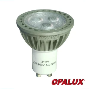 DICROICO LED "OPALUX" 3W (3^1W W/OSRAM CHIPS)240LM  BASE GU10 SOCKET GU10, ANGULO 38° 50X60MM C/LUZ BLANCA FRIA 220-240VAC 60HZ