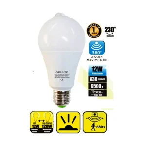 FOCO LED 12W LUZ BLANCA "OPALUX" C/SENSOR DE MOV.NOCTURNO 6500K 830LM E27 220-240VAC FACTOR 0.9 CJX50