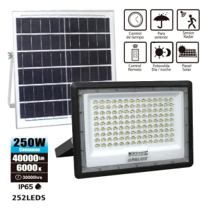 REFLECTOR 252LED 250W "OPALUX" 6000K 40000LM IP65 C/SENSOR DE MOV Y CONTROL REMOTO, COLOR NEGRO CJX20 C/PANEL SOLAR 6V 18W