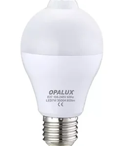 FOCO LED 7W LUZ CALIDA "OPALUX" C/SENSOR DE MOV.NOCTURNO 3000K 600LM 360° E27 110-240VAC FACTOR 0.9 CJX50