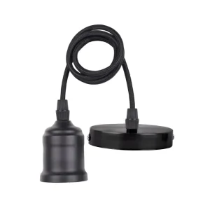 WALL SOCKET REDONDO COLGANTE METALICO NEGRO CON CABLE ROSCA E27 PARA LAMPARA PENDULUM