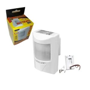 Sensor de movimiento 180° de pared detección a 12 mts horizontal tecnología PIR instalación hasta 2.5mts altura tiempo 10 seg – 7 min.