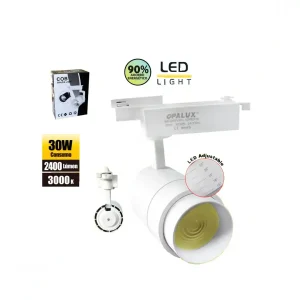 SPOT DE RIEL 30W OPALUX 3000K 2400LM 35000HRS DIRECCIONABLE CON ENFOQUE GRADUABLE 15º A 60º  COLOR BLANCO CON LUZ CALIDA AMARILLA