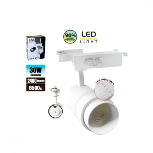 SPOT DE RIEL 30W OPALUX 6500K 2400LM 35000HRS DIRECCIONABLE CON ENFOQUE GRADUABLE 15º A 60º COLOR BLANCO CON LUZ BLANCA