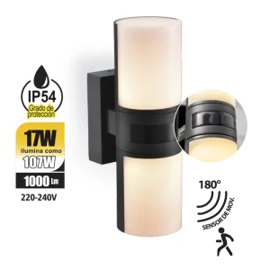 APLIQUE EXTERIOR DE PARED CYRA C/SENSOR 17W 1000LM NEGRO