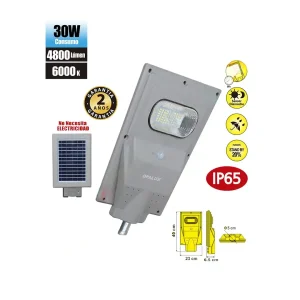 LUMINARIA DE ALUMBRADO PUBLICO 30W OPALUX SOLAR 4800 LM IP65 INCLUYE PANEL SOLAR Y BATERÍA TODO EN UNO, PARA MONTAJE EN PASTORAL