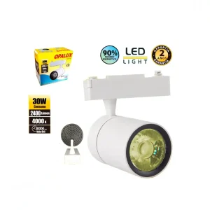 SPOT DE RIEL 30W OPALUX 4000K 2400LM 35000HRS DIRECCIONABLE COLOR BLANCO CON LUZ CALIDA AMARILLA