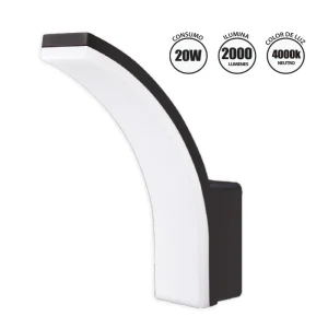APLIQUE EXTERIOR LED MODELO CURVE "OPALUX" NEGRO 20W, 2000 LÚMENES, 4000K IP65